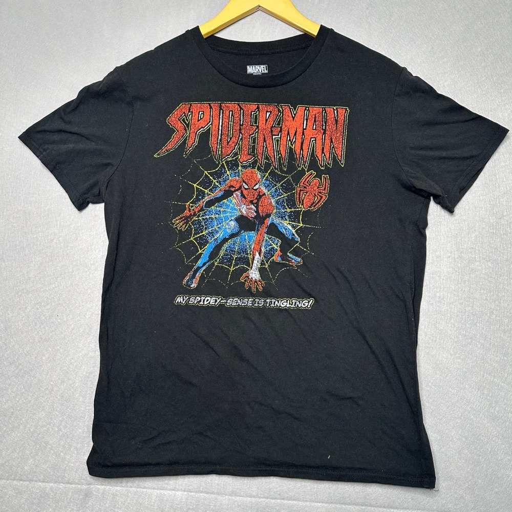 Marvel Men T-Shirt Medium Black Excellent Spider-Man Graphic Spidey-Sense Tee